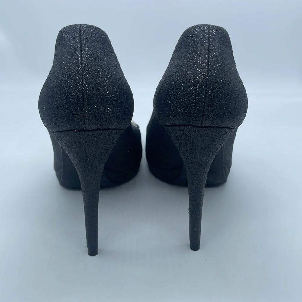 Gucci Black Leather silver glitter peep toe horsebit pumps 37